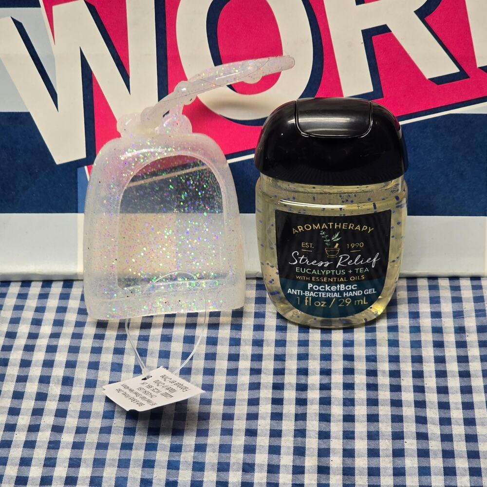 BBW White Glitter Rubber Pocketbac Holder & Stress Relief Aromatherapy Refill